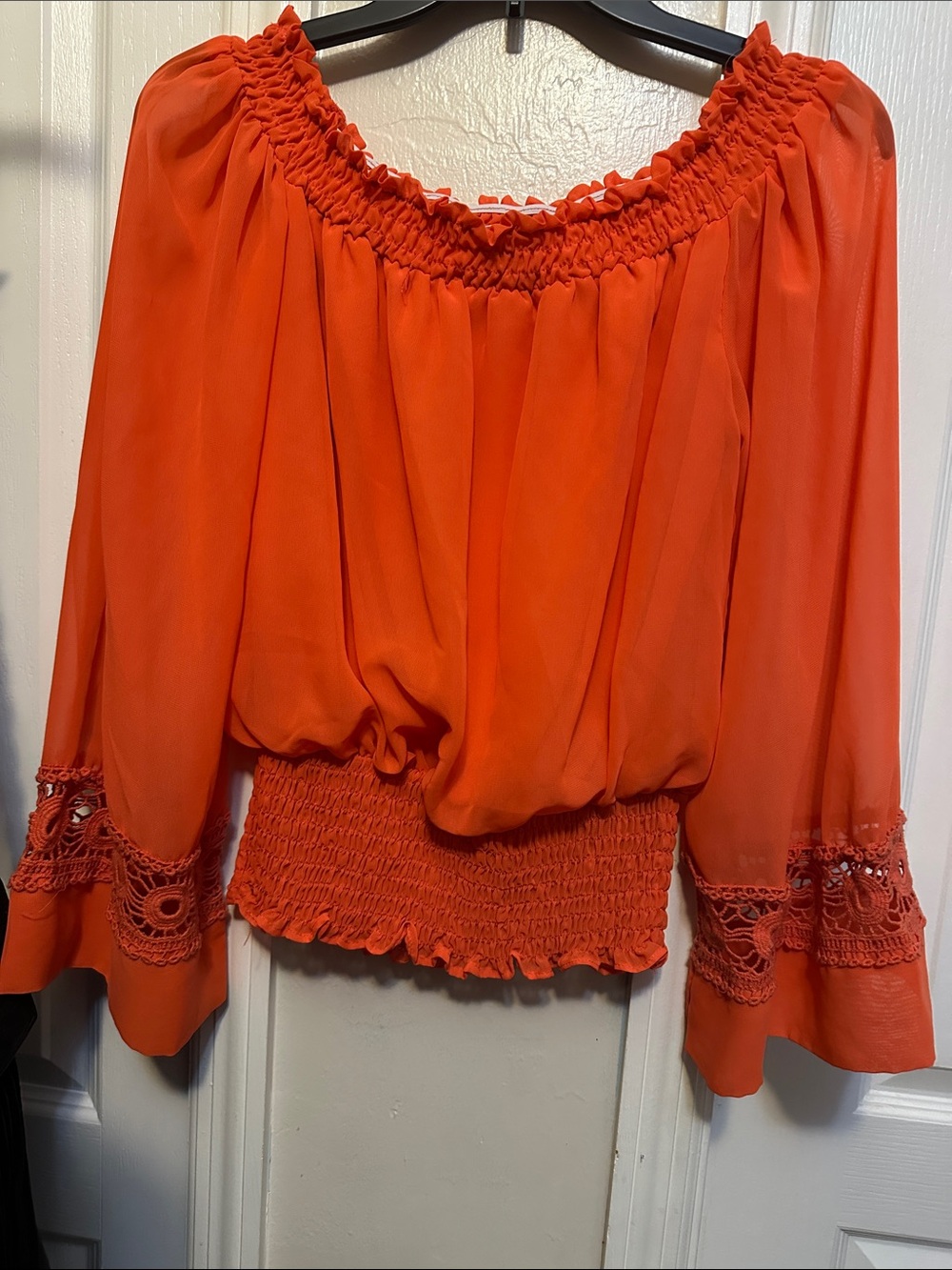 Oxo Orange Off-Shoulder Smocked Hem Blouse